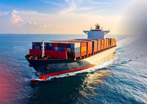 Container ship carrying freight at sea